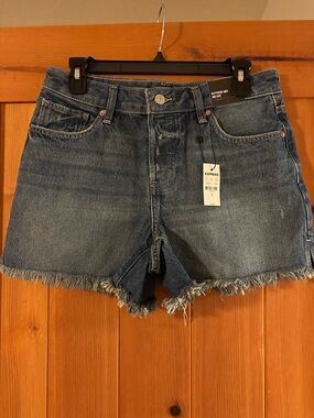 Express Women's Mid-Blue Frayed Hem Denim Shorts